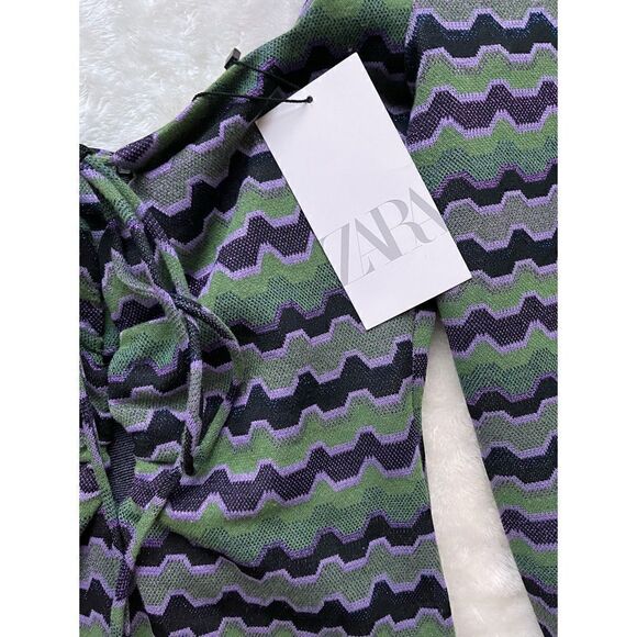 NWT Zara Retro Purple & Green Metallic Cutout Long Sleeve Mini Dress - Picture 7 of 15